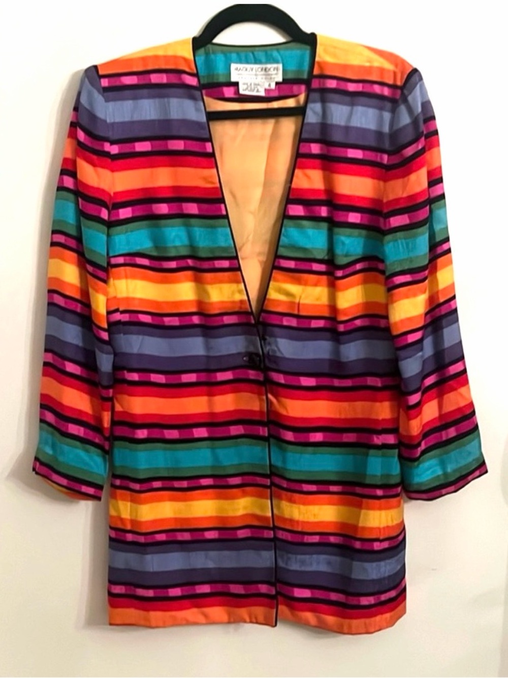 Maggy London Vintage Lightweight Silk Striped Bright Colorful Long Blazer